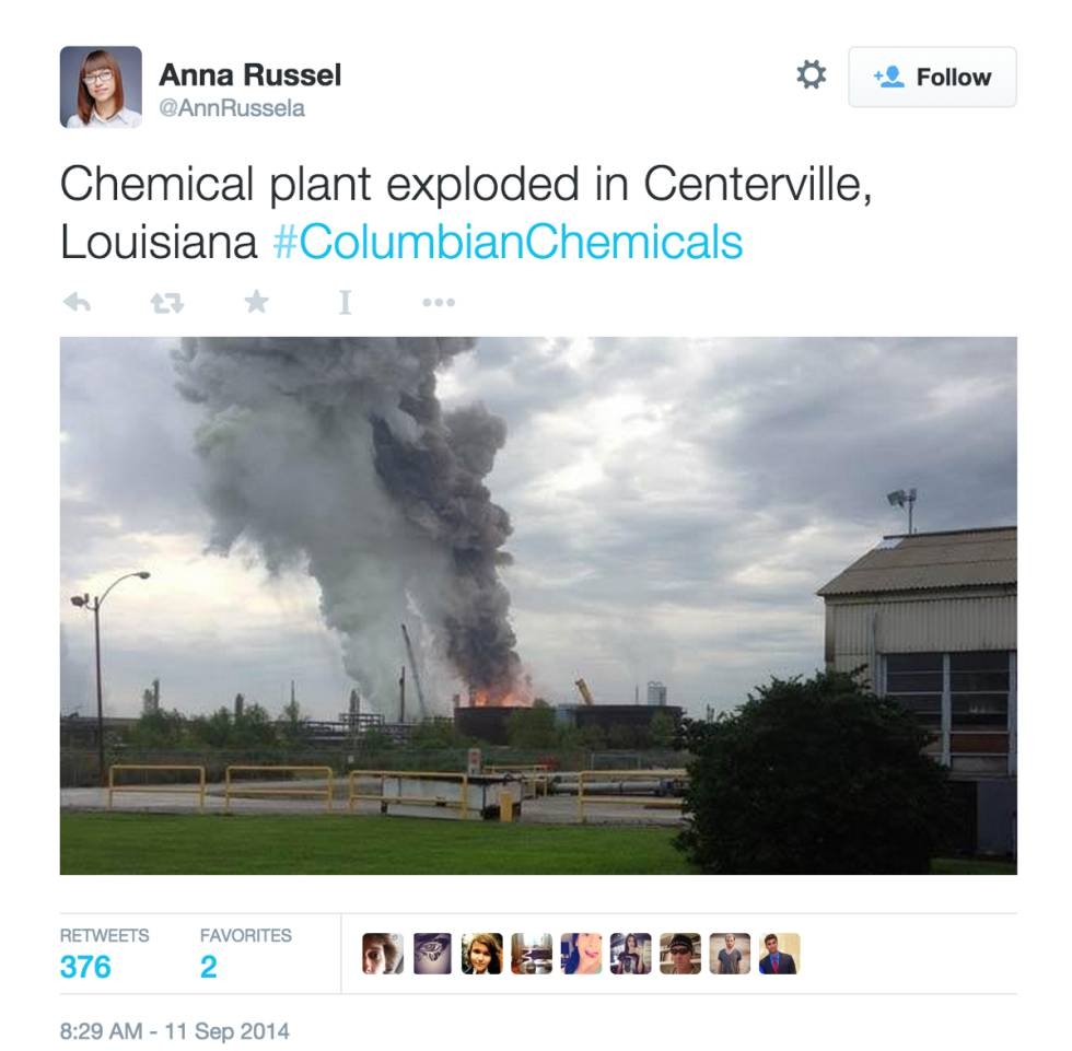 La falsa explosión de una planta química en Luisiana.