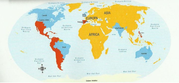 Mapa extraído de la obra 'La involución hispanoamericana..." donde aparecen las dos grandes estructuras económico-políticas mundiales hasta 1810. Gran Bretaña consiguió destruir la estructura hispánica (España, Hispanoamérica, Filipinas).