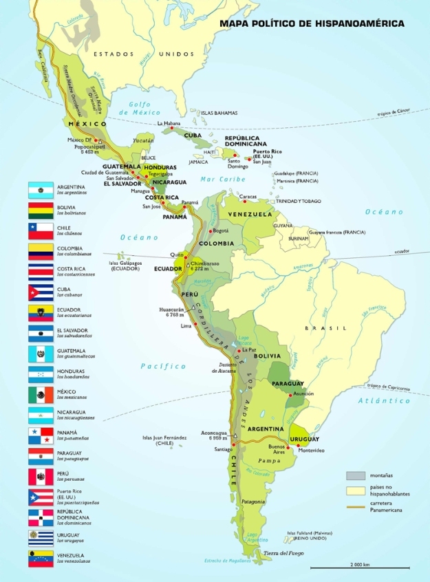 Mapa político actual de Hispanoamérica: tras más de 300 años de unidad, la fragmentación en 18 repúblicas, unas fronteras que responden a los intereses anglosajones [Pulse en la imagen para ampliar]